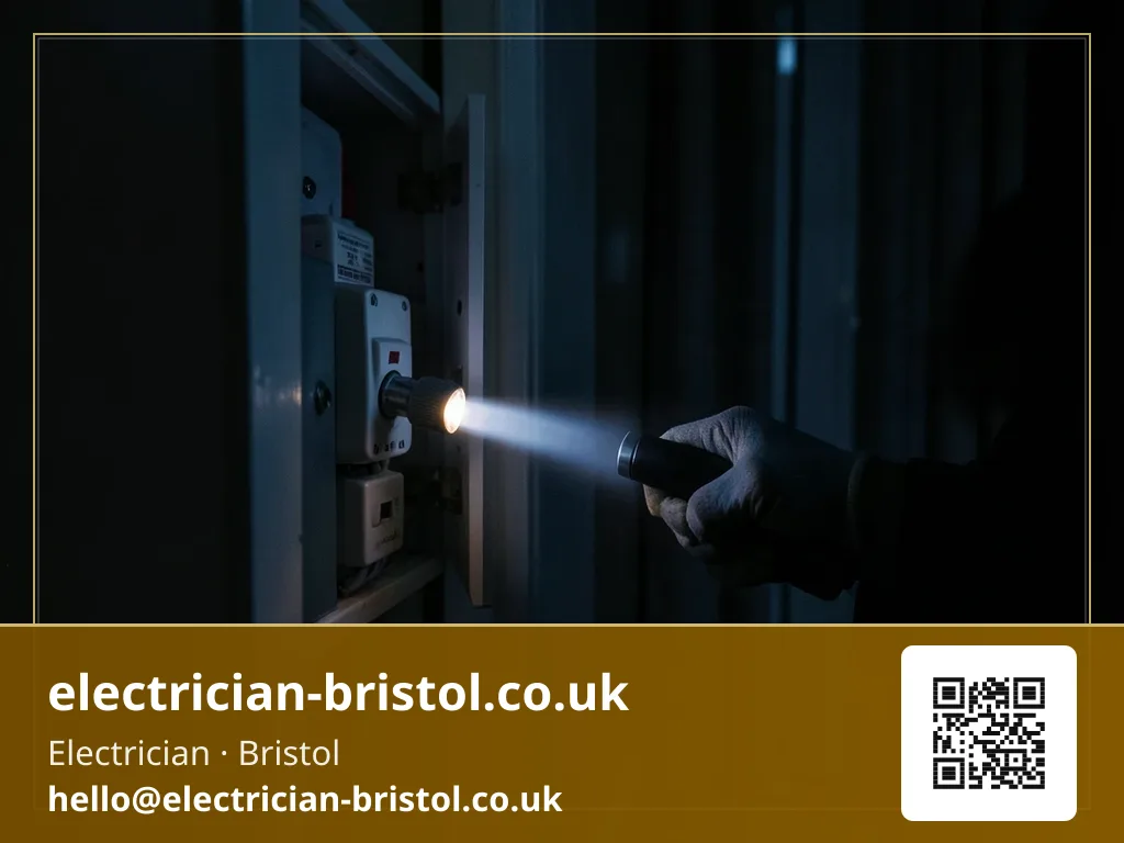 Torch beam held steady on a tripped RCD lever inside a dark hallway consumer unit