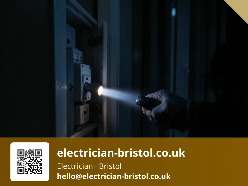 Torch beam held steady on a tripped RCD lever inside a dark hallway consumer unit