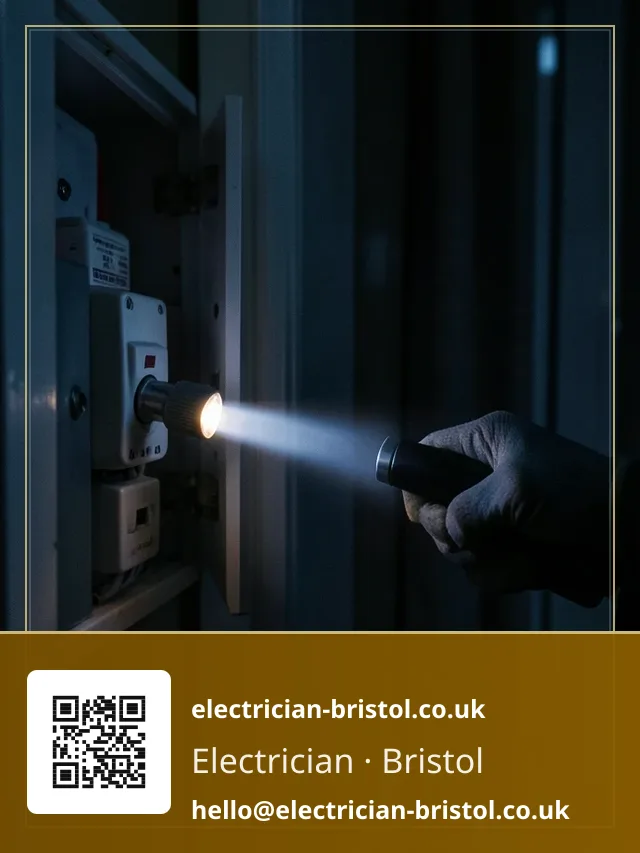 Torch beam held steady on a tripped RCD lever inside a dark hallway consumer unit
