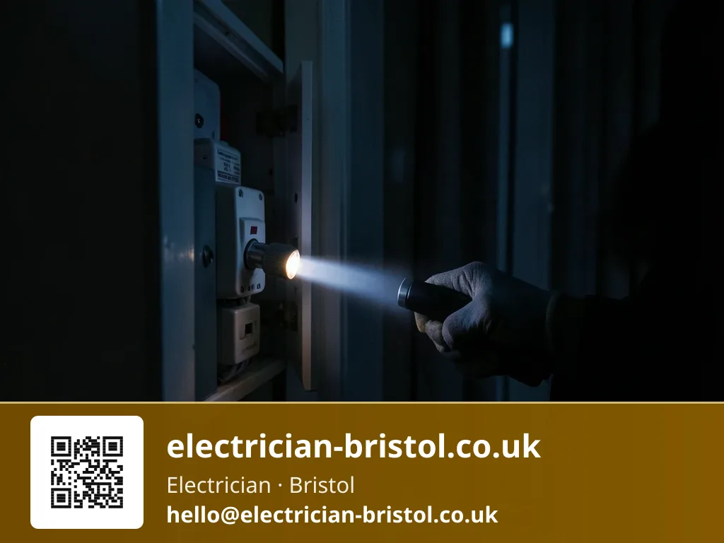 Torch beam held steady on a tripped RCD lever inside a dark hallway consumer unit