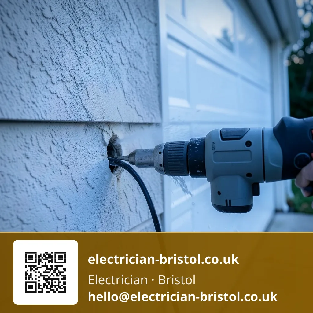 Core drill cutting a cable entry hole through an exterior wall