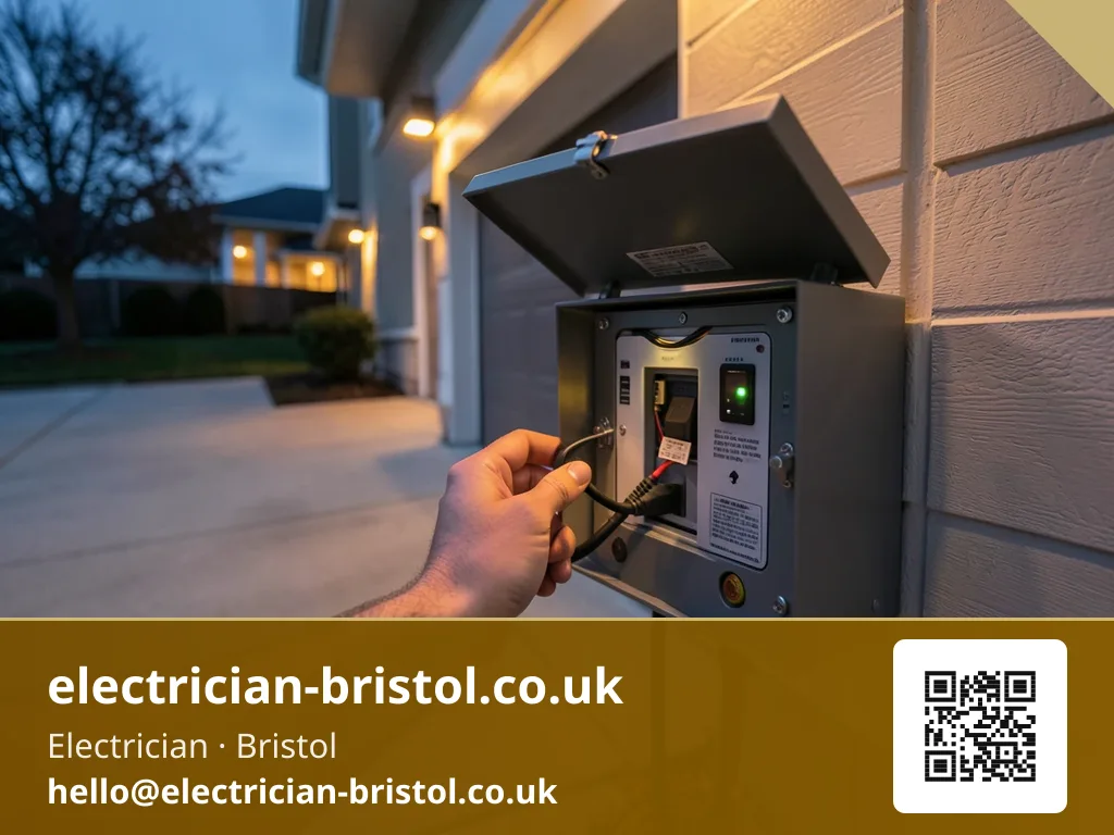 Electrician checking a charger's load balancing box mounted in a garage