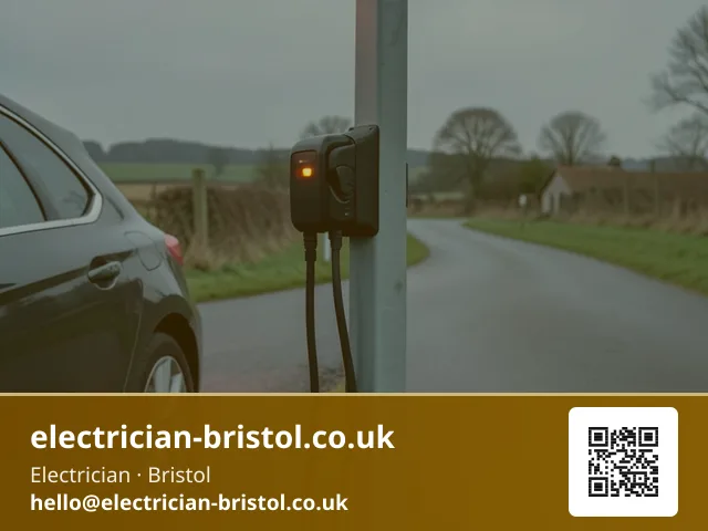 Post-mounted charger standing beside a car on a rural driveway