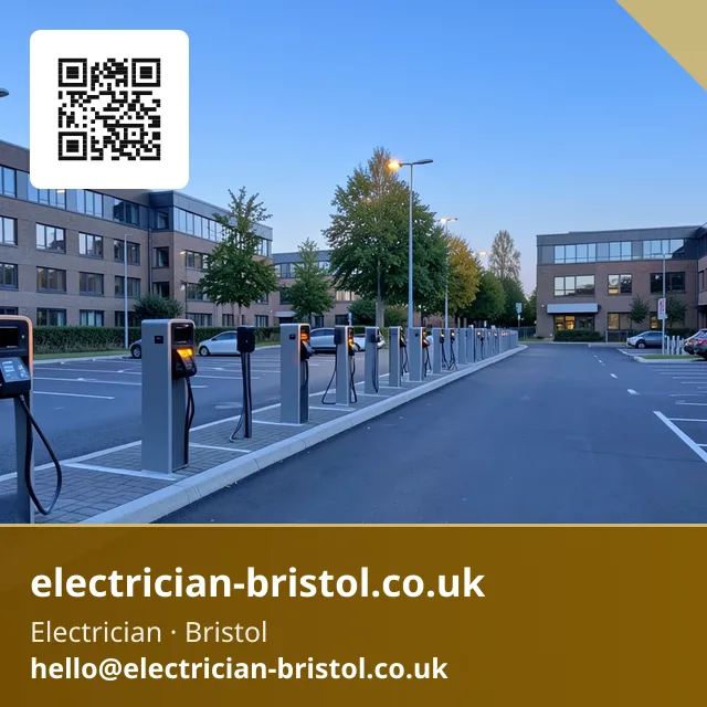 Workplace car park with several EV charging bays and posts spaced evenly along a marked row