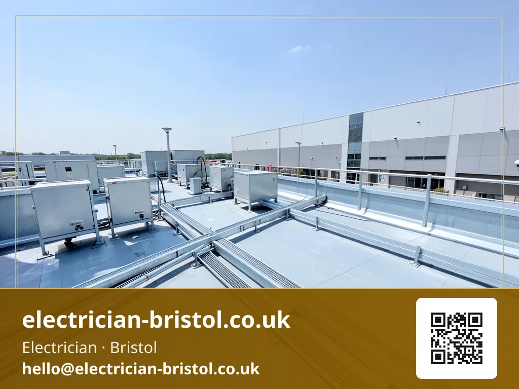 Rooftop plant deck's electrical containment being inspected