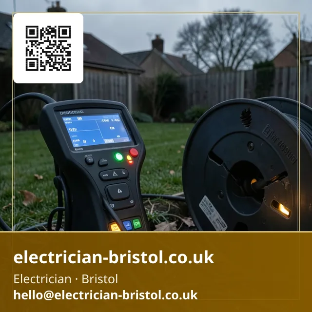 Time-domain cable tester's readout being checked against a reel of buried garden cable to locate a break