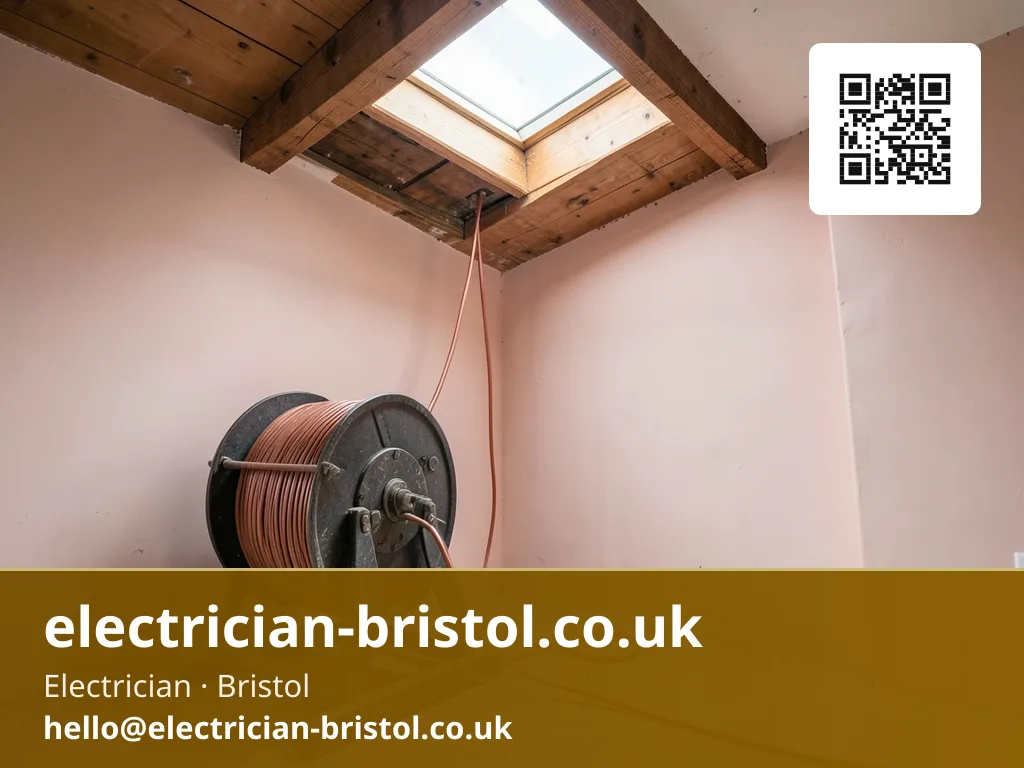 Drum of cable on a floor-standing reel stand feeding a length up through a loft hatch above
