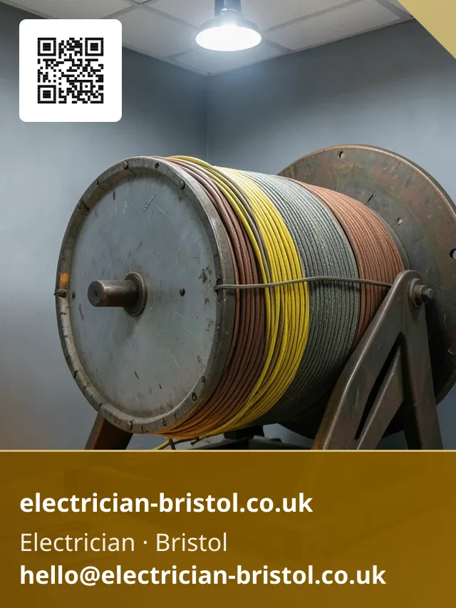 Large drum of cable standing on a floor-mounted reel stand in a workshop corner