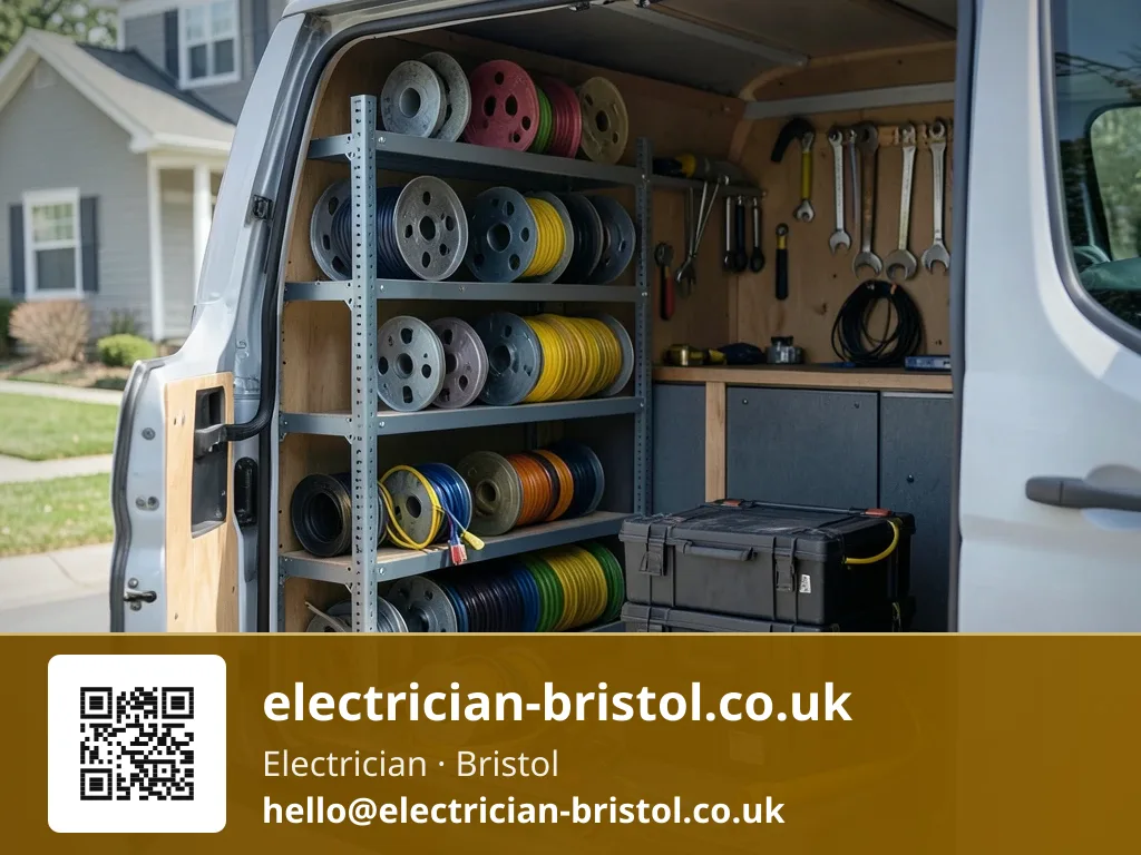 Shelved racking inside a service van loaded with cable reels