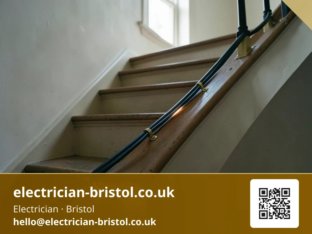 Under-stair lighting cable being run along the stringer