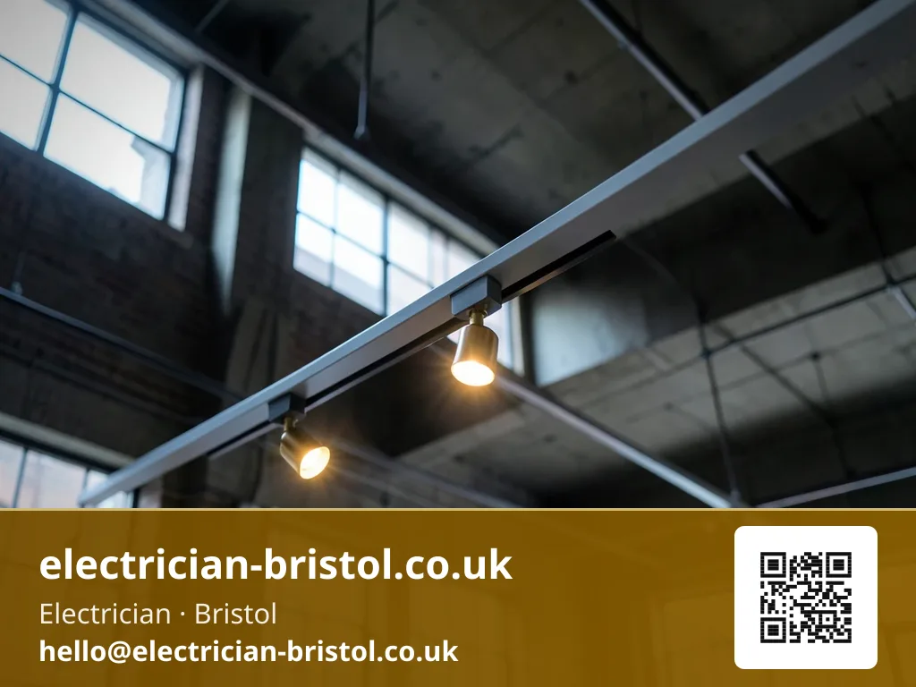 Track lighting rail being screwed to a ceiling in an open-plan retail-style space