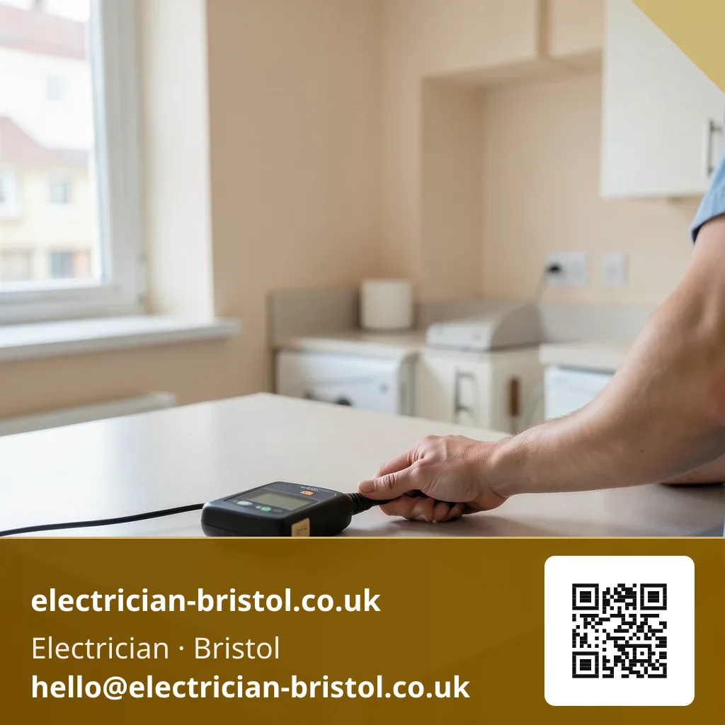 EICR inspector's tester connected in a rented flat's kitchen