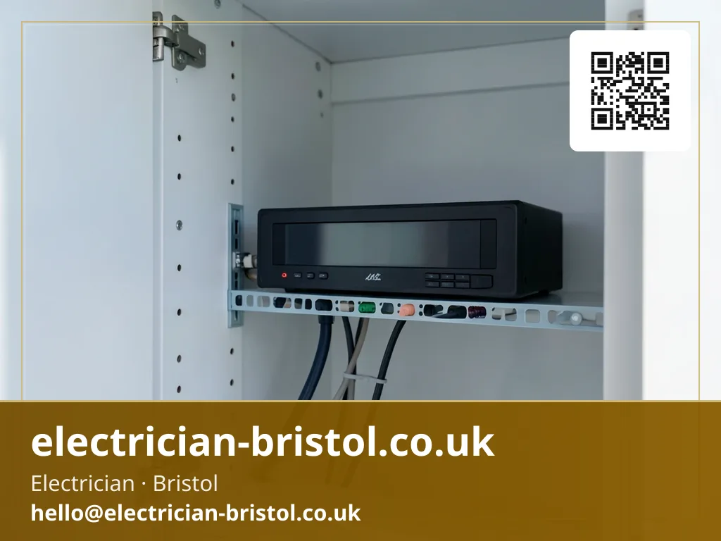 Network video recorder being wired into a small rack inside a utility cupboard