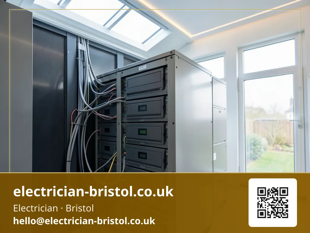 Battery storage units being stacked and wired together in a utility room